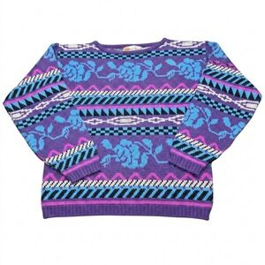 VTG Country Concepts Floral Geometric Knit Sweater Womens M Purple Acrylic Korea
